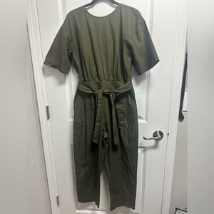 LIKE NEW Olive Green Short-Sleeve Jumpsuit with Waist Tie